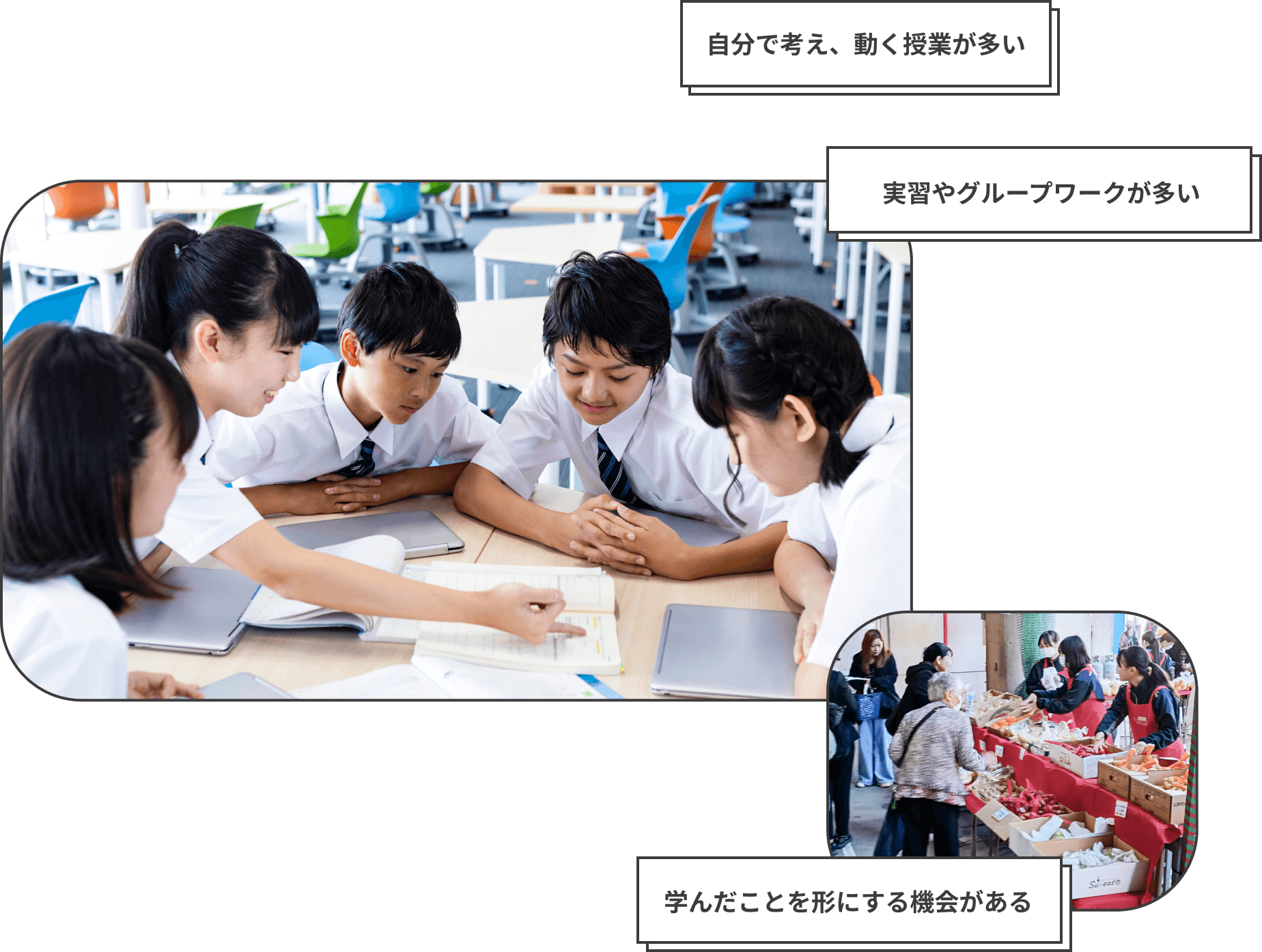 自分で考え、動く授業が多い　実習やグループワークが多い　学んだことを形にする機会がある