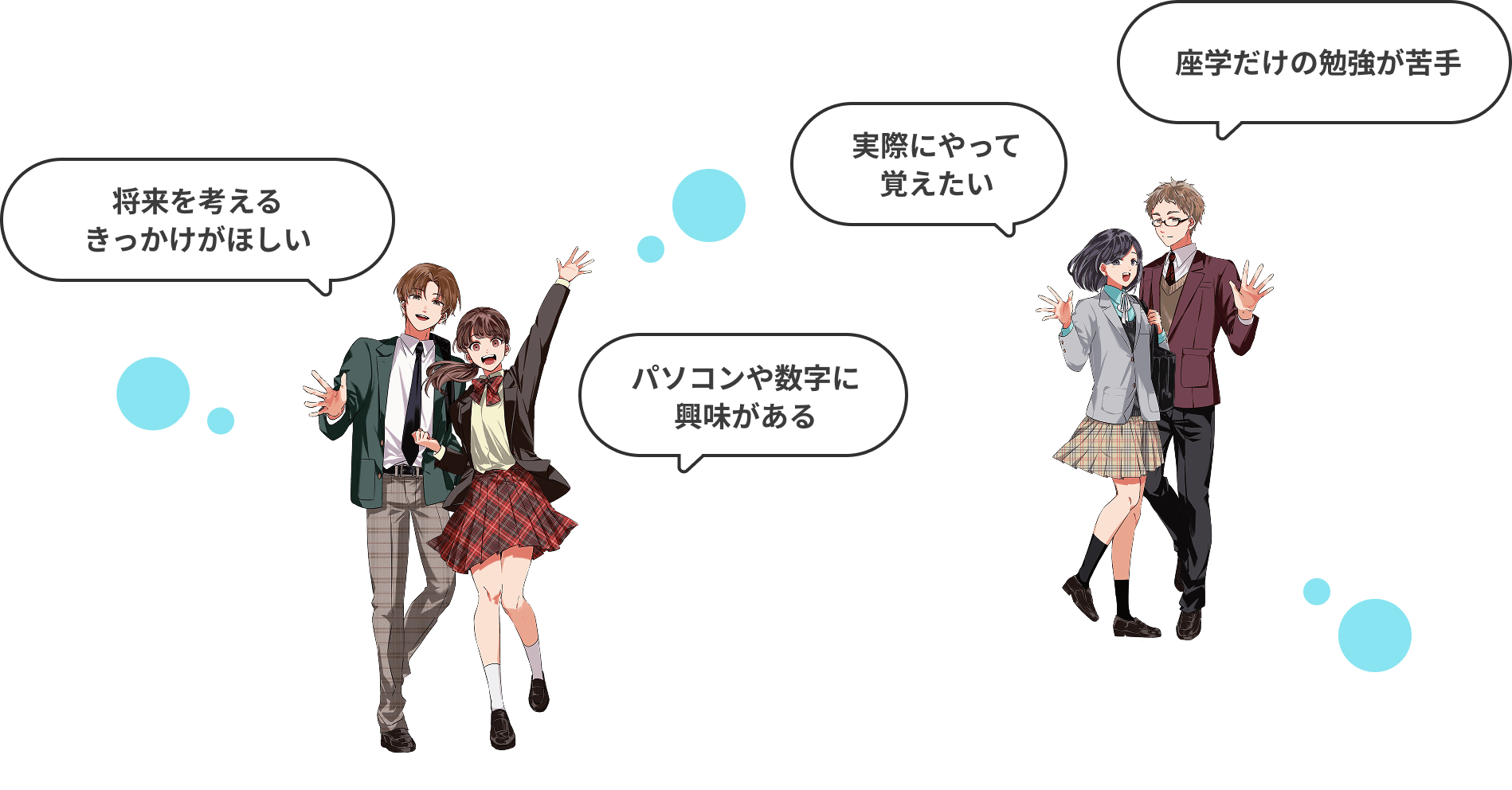 将来を考えるきっかけがほしい　パソコンや数字に興味がある　実際にやって覚えたい　座学だけの勉強が苦手